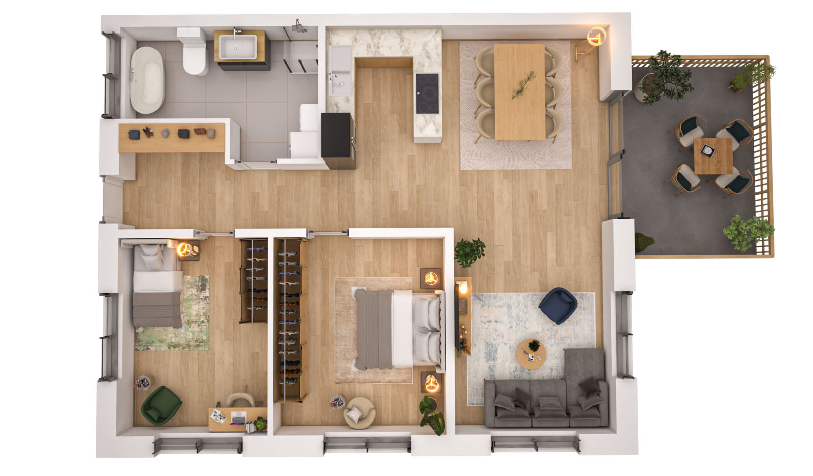 Visualisierung der Wohnung WHG 1 – Erdgeschoss aus der Vogelperspektive