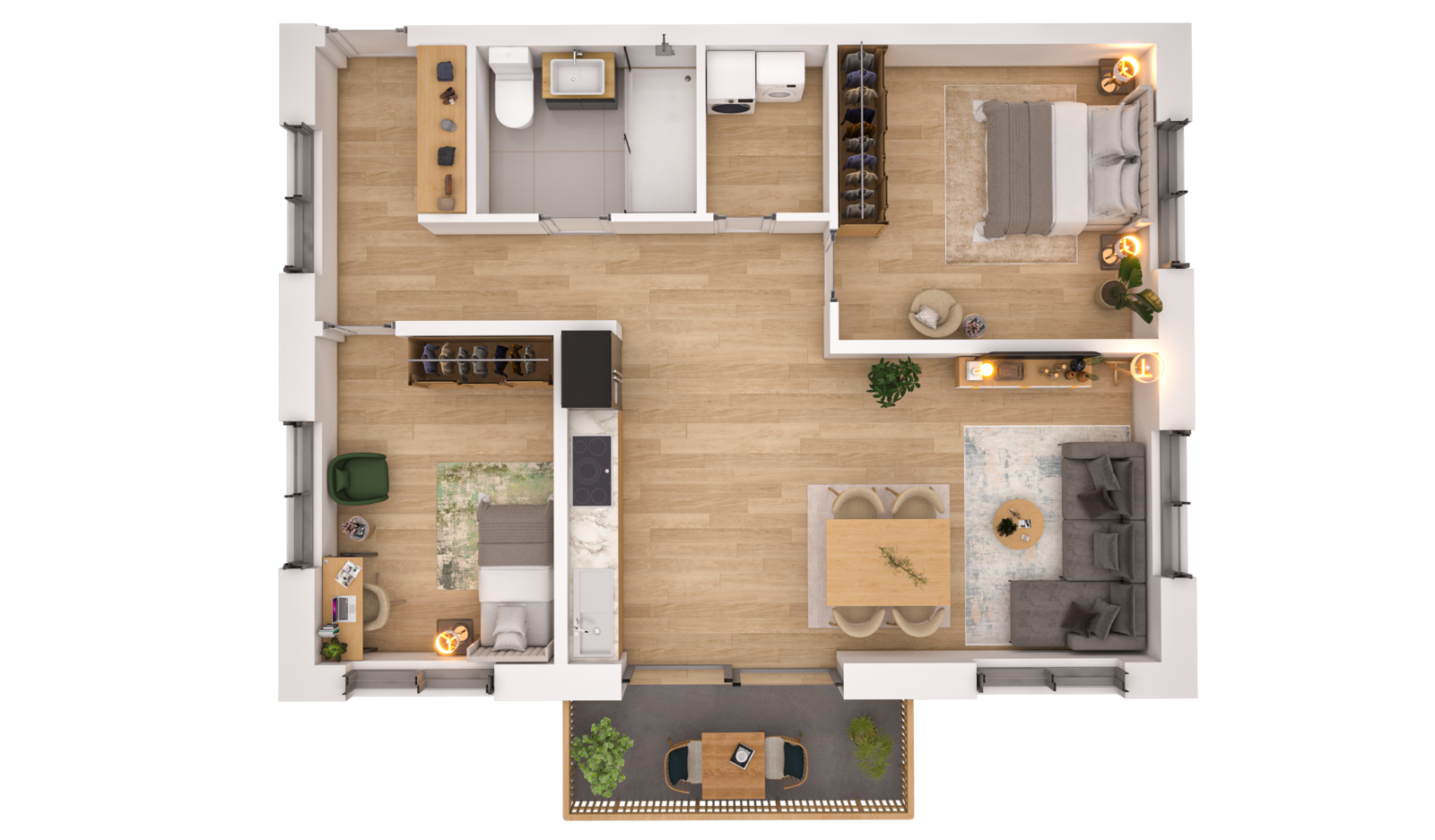 Visualisierung der Wohnung WHG 11 – 1. Obergeschoss aus der Vogelperspektive