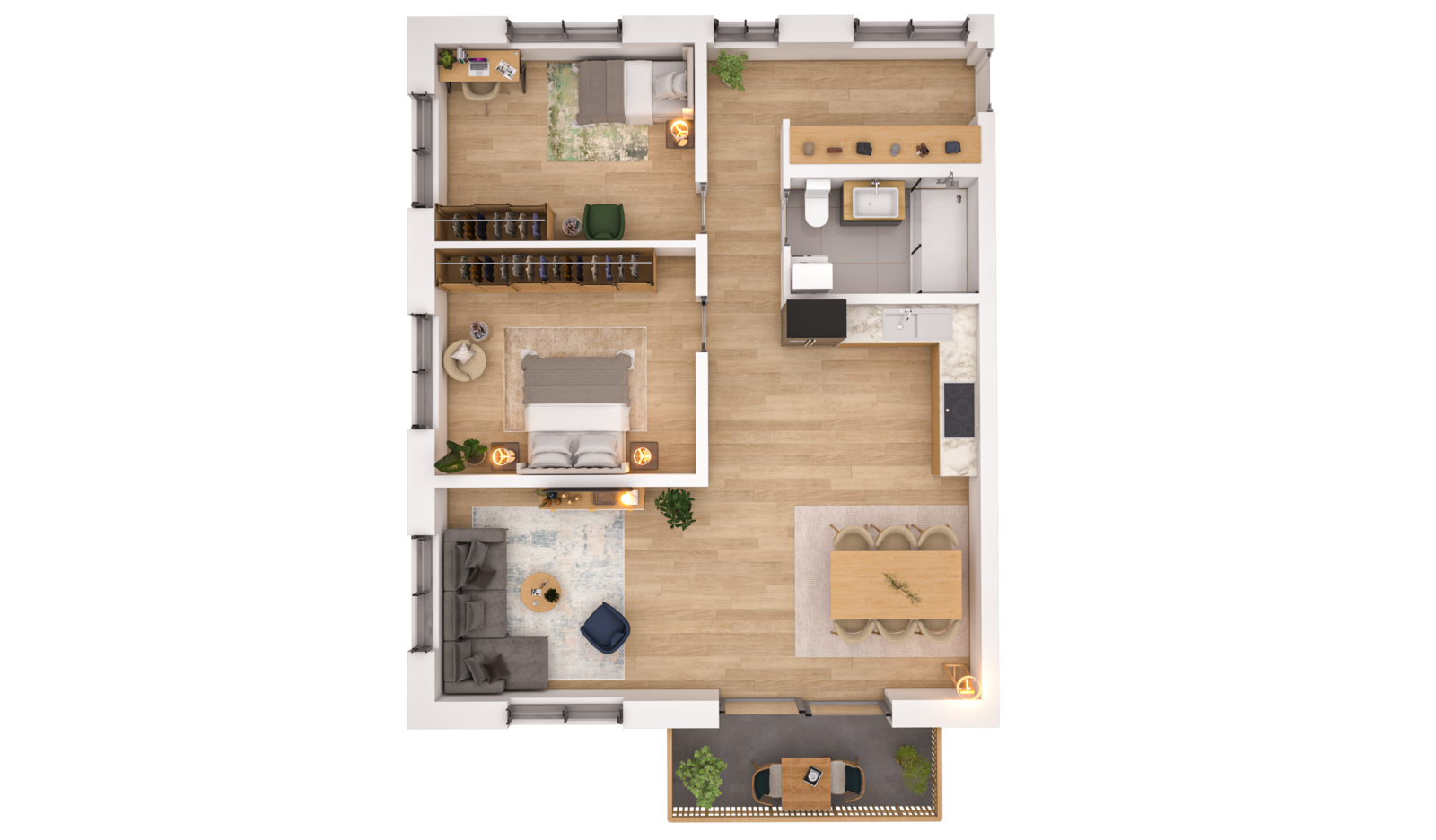 Visualisierung der Wohnung WHG 12 – 2. Obergeschoss aus der Vogelperspektive