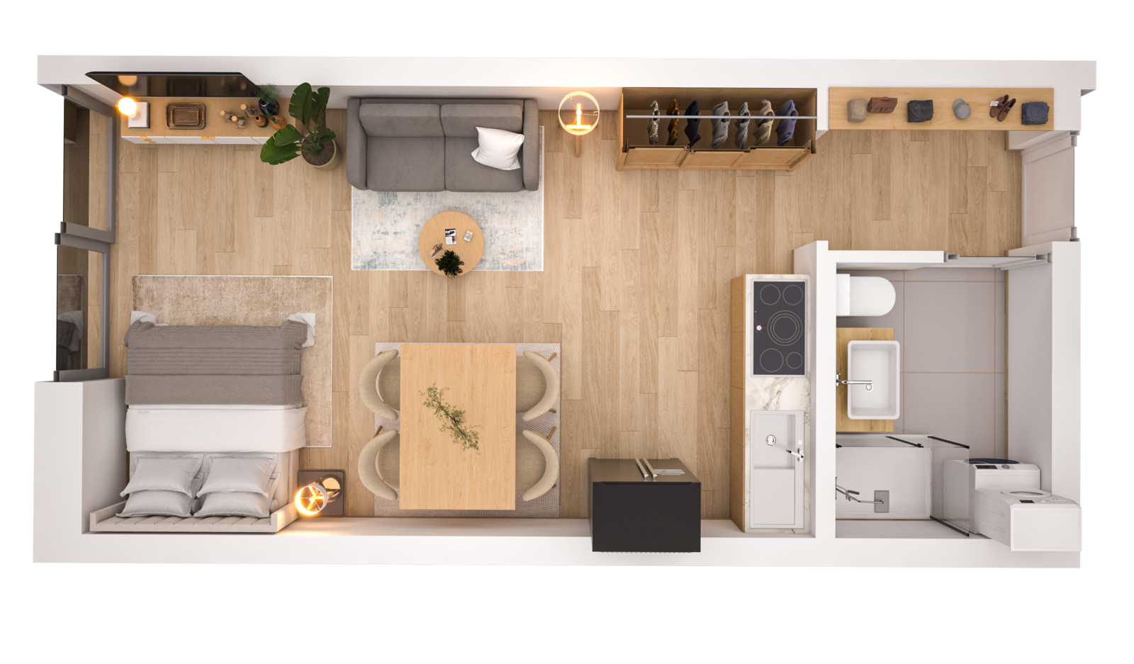 Visualisierung der Wohnung WHG 13 – 2. Obergeschoss aus der Vogelperspektive