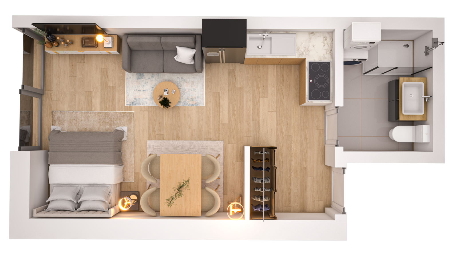 Visualisierung der Wohnung WHG 14 – 2. Obergeschoss aus der Vogelperspektive