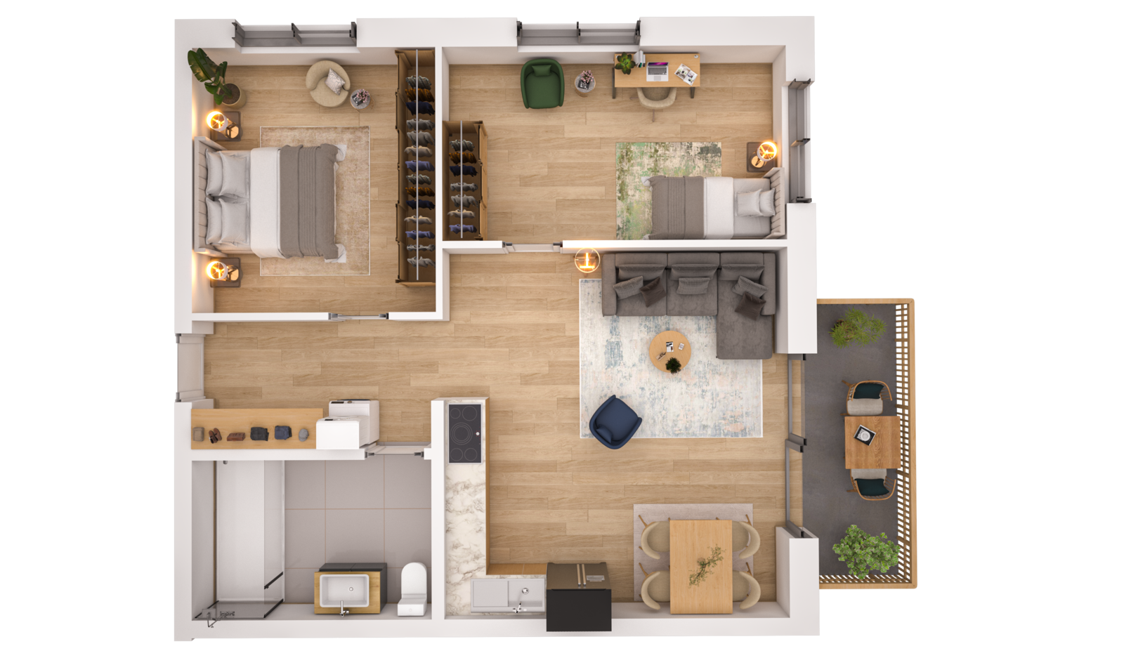Visualisierung der Wohnung WHG 15 – 2. Obergeschoss aus der Vogelperspektive