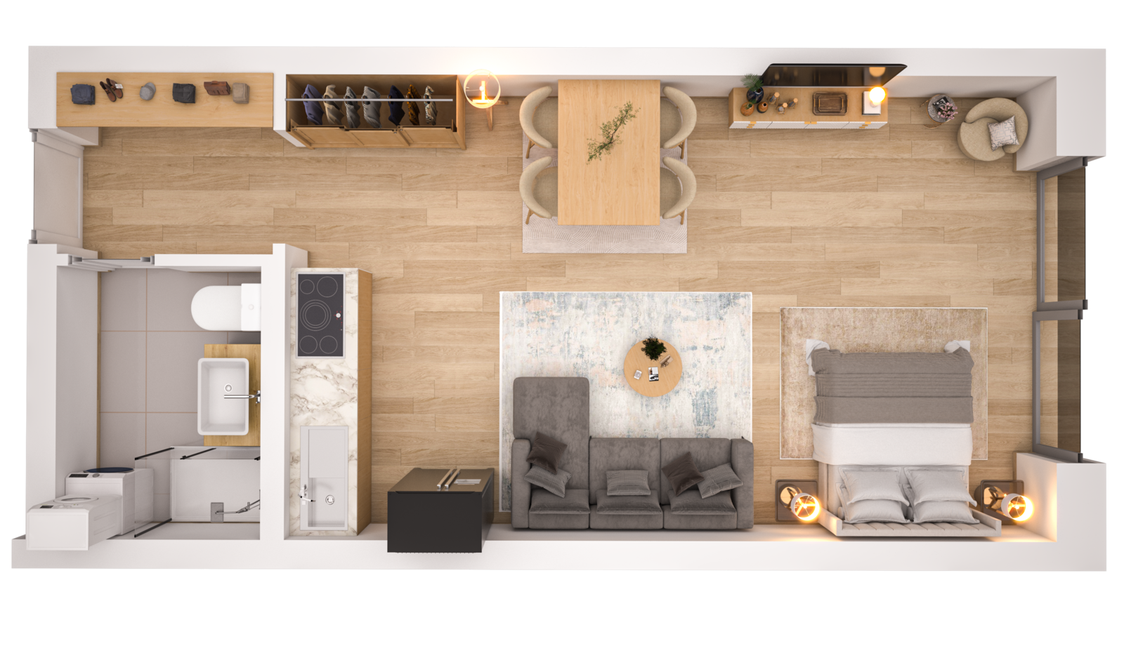 Visualisierung der Wohnung WHG 16 – 2. Obergeschoss aus der Vogelperspektive