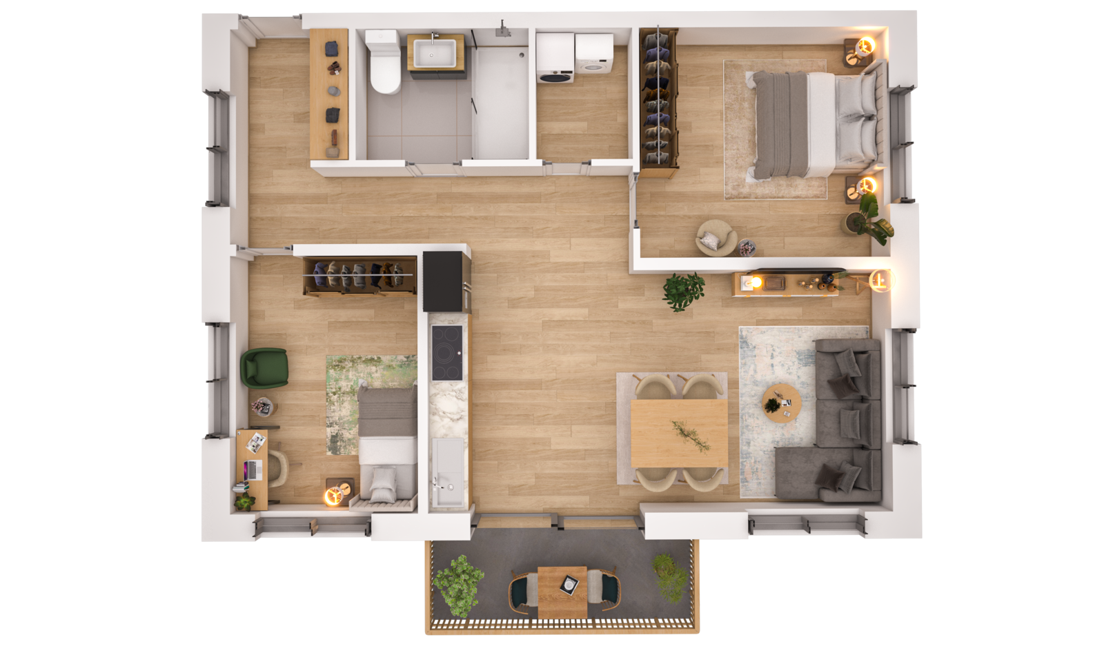 Visualisierung der Wohnung WHG 17 – 2. Obergeschoss aus der Vogelperspektive