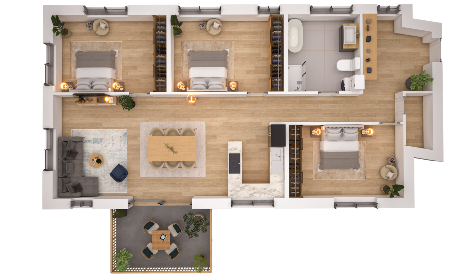 Visualisierung der Wohnung WHG 18 – Penthouse aus der Vogelperspektive
