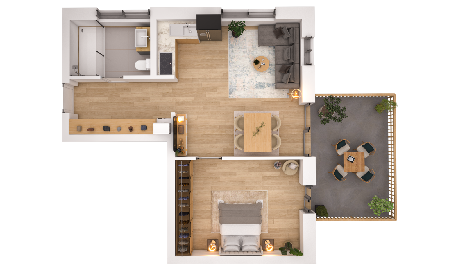 Visualisierung der Wohnung WHG 19 – 3. Obergeschoss aus der Vogelperspektive