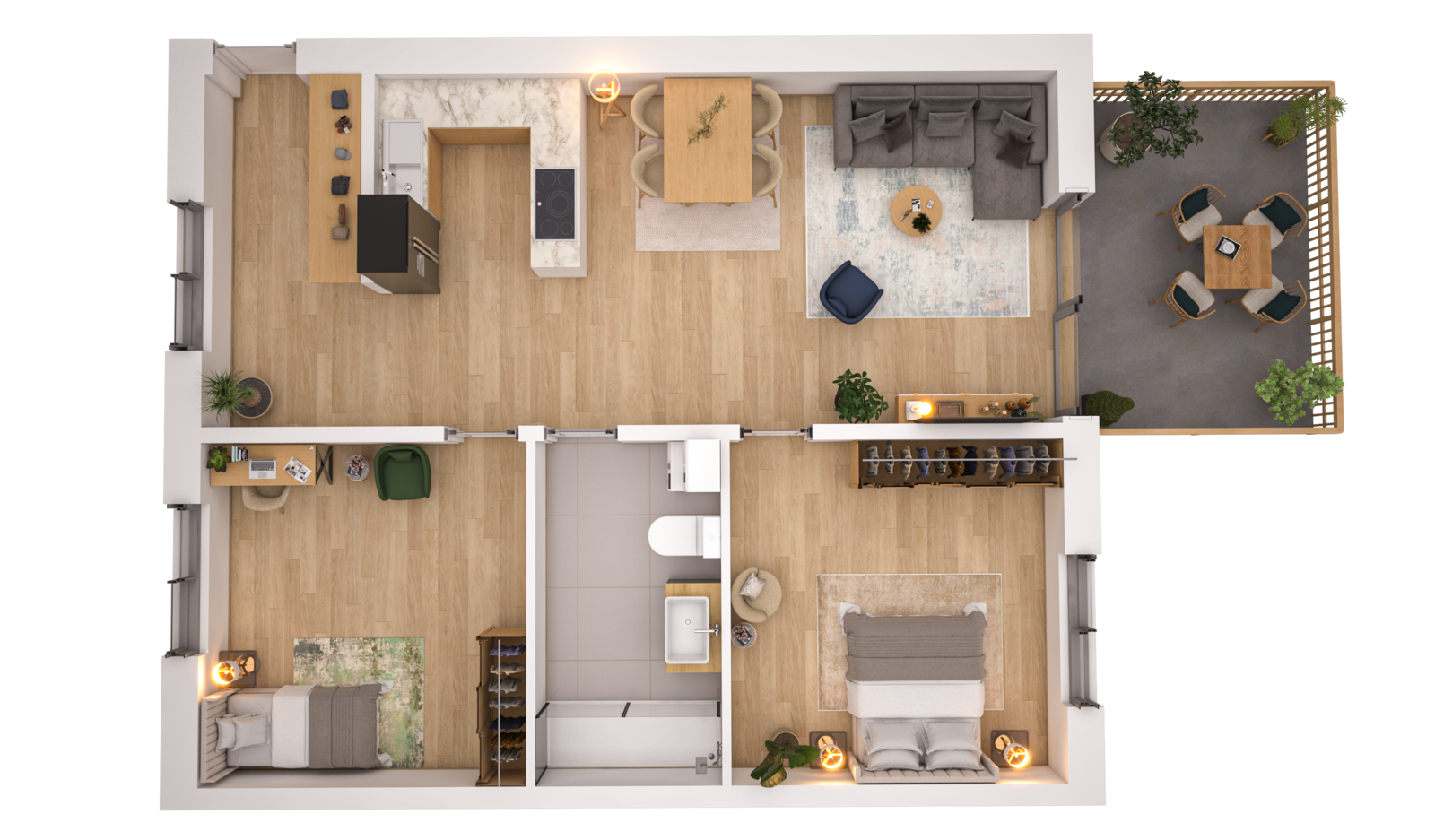 Visualisierung der Wohnung WHG 2 – Erdgeschoss aus der Vogelperspektive