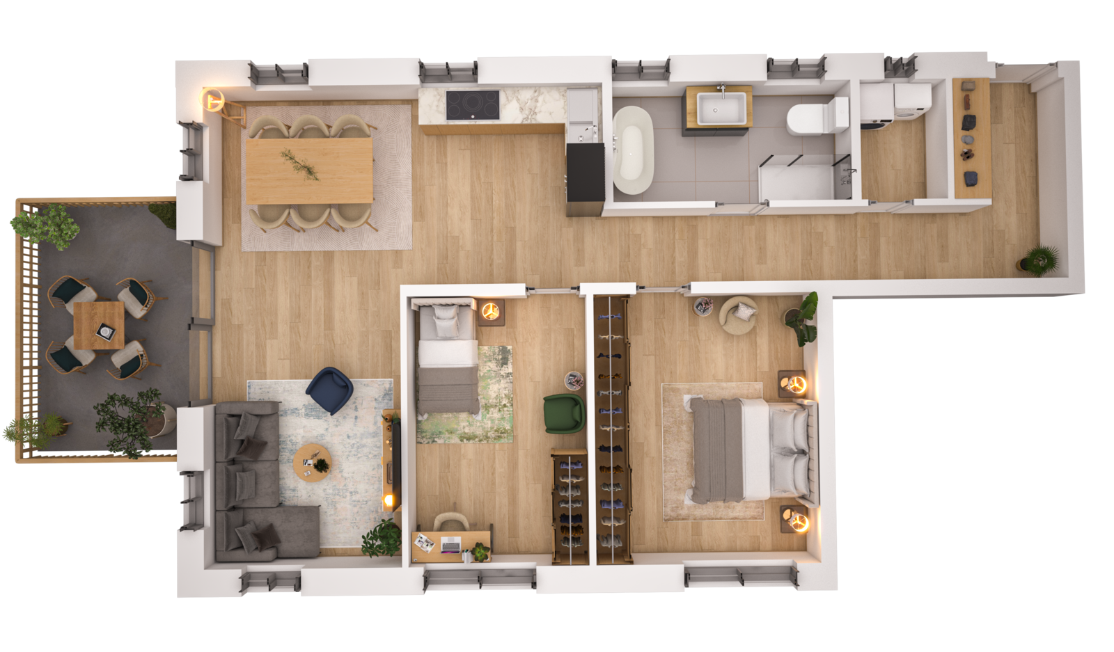 Visualisierung der Wohnung WHG 20 – 3. Obergeschoss aus der Vogelperspektive
