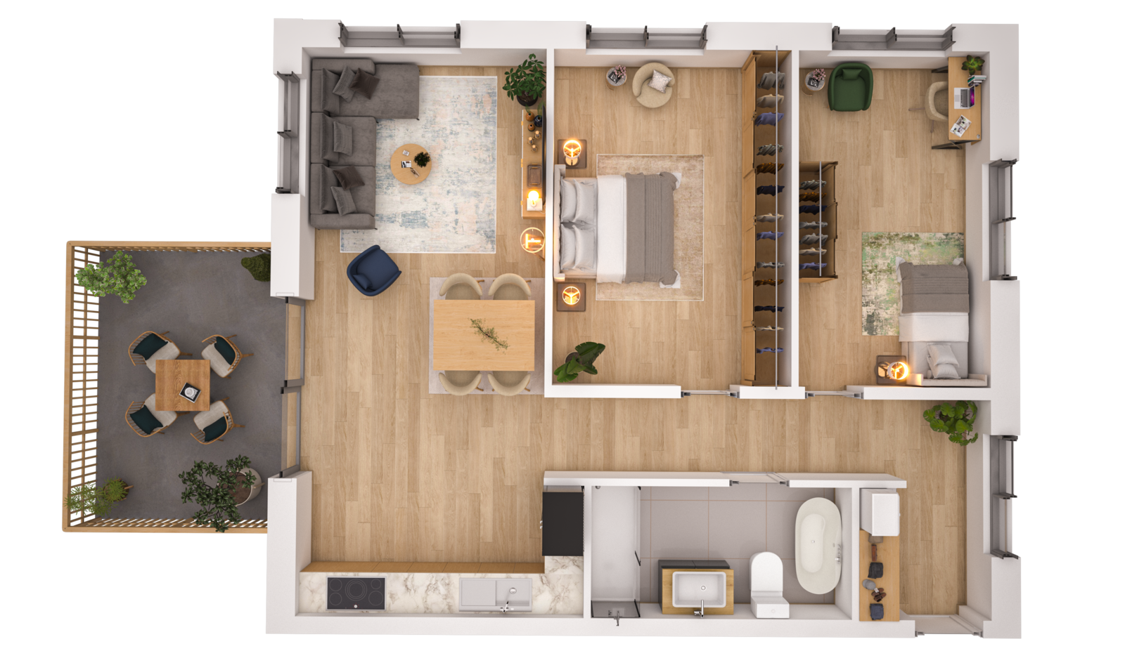 Visualisierung der Wohnung WHG 21 – Erdgeschoss aus der Vogelperspektive