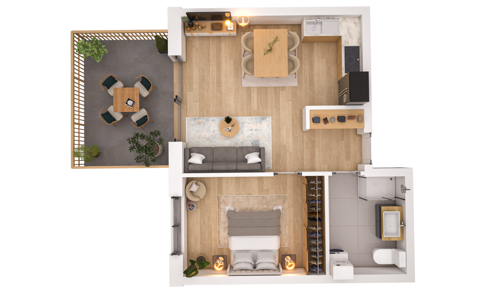 Visualisierung der Wohnung WHG 22 – Erdgeschoss aus der Vogelperspektive