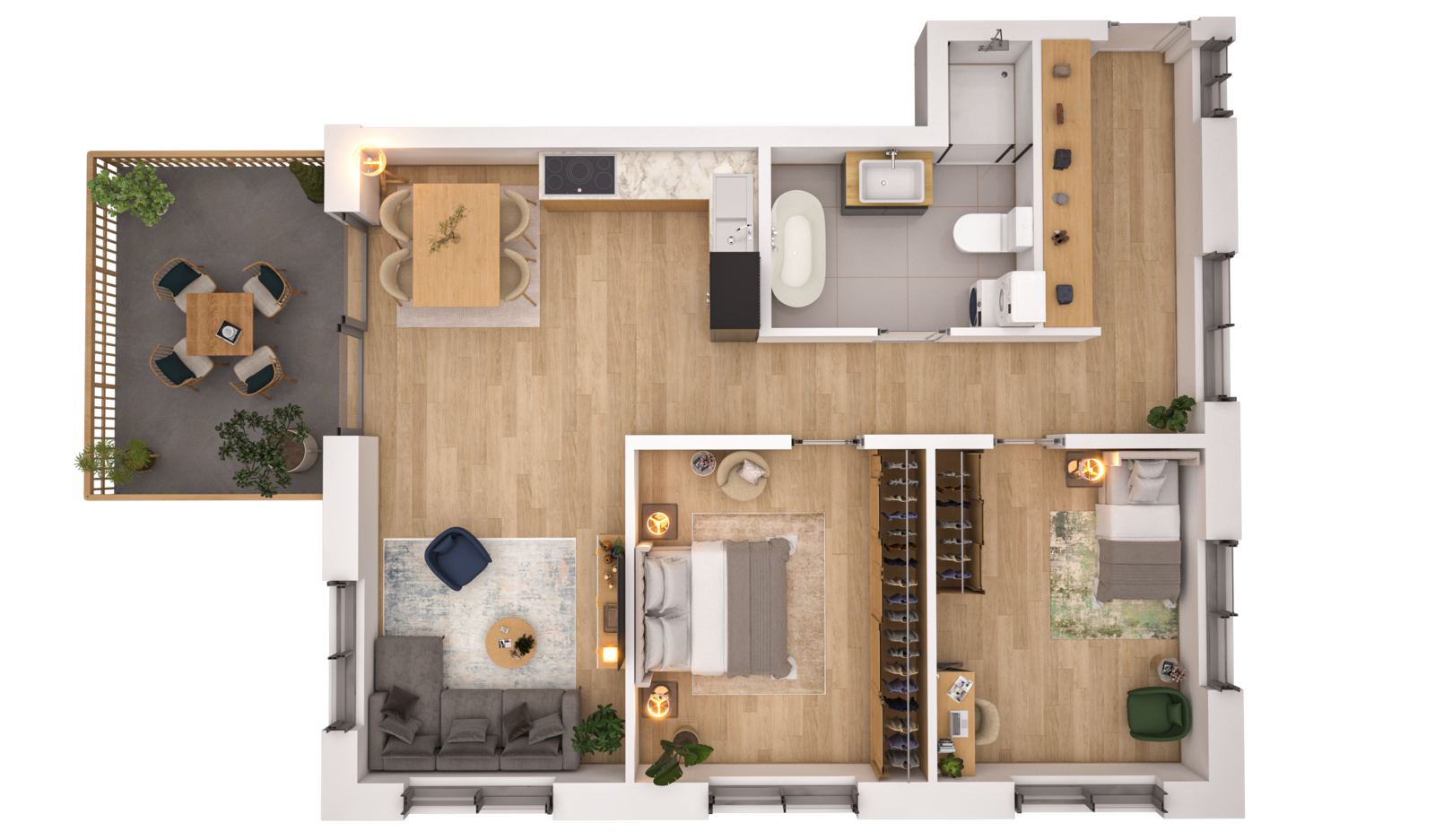 Visualisierung der Wohnung WHG 23 – Erdgeschoss aus der Vogelperspektive