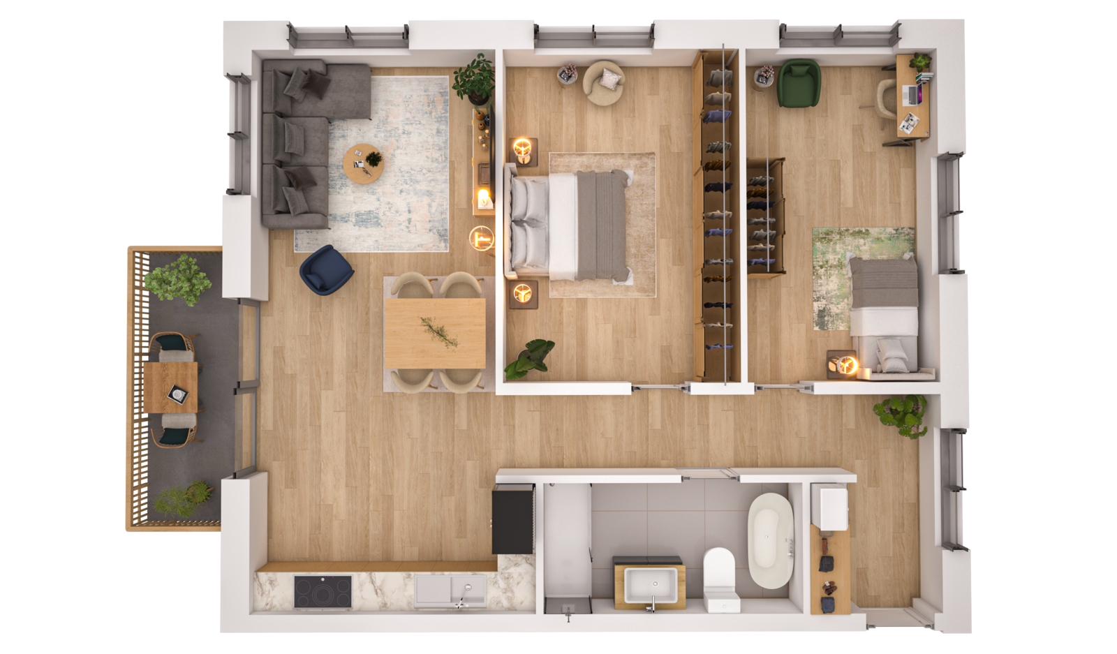 Visualisierung der Wohnung WHG 24 – 1. Obergeschoss aus der Vogelperspektive