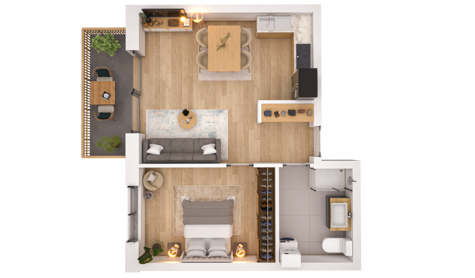 Visualisierung der Wohnung WHG 25 – 1. Obergeschoss aus der Vogelperspektive