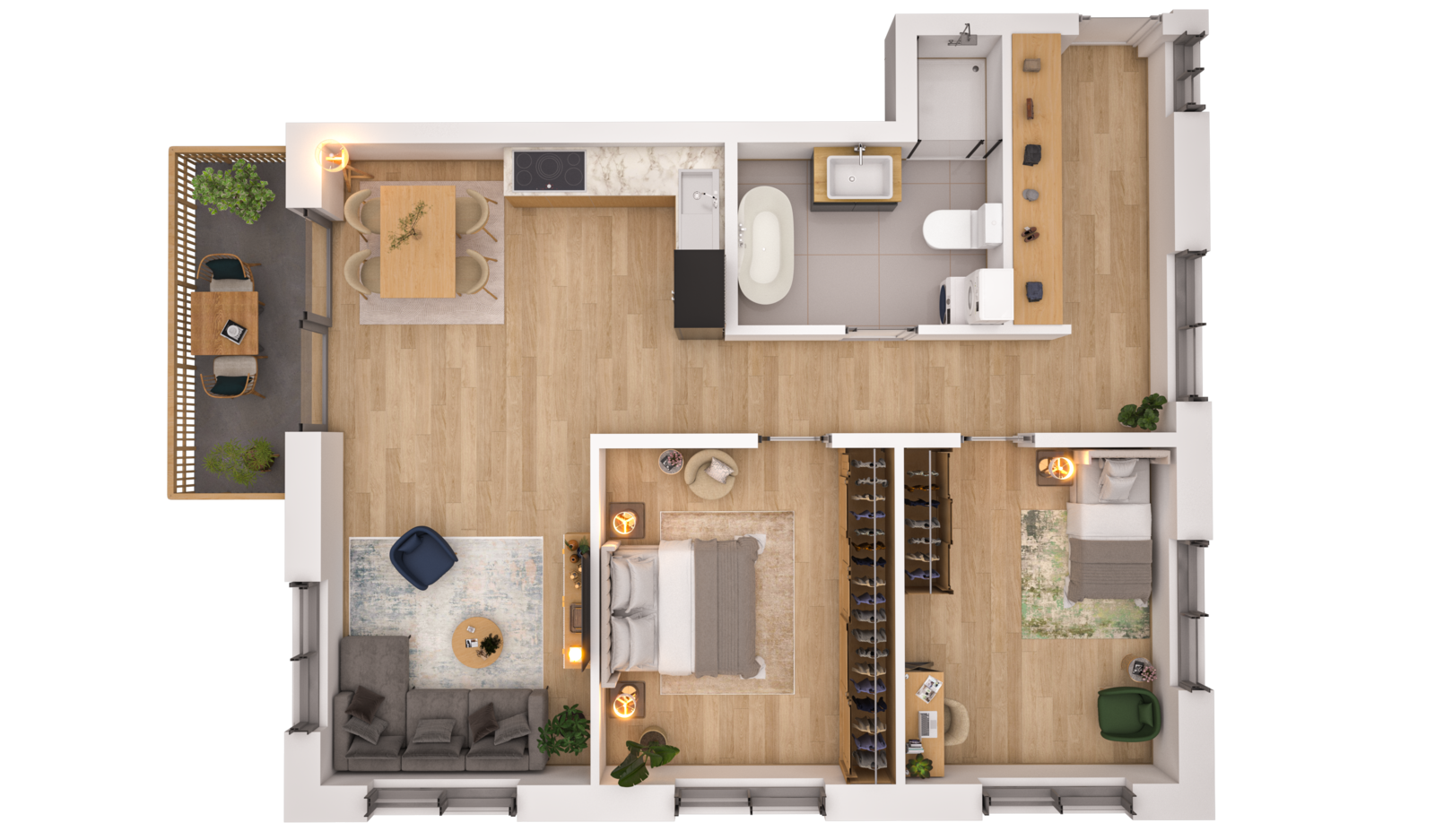 Visualisierung der Wohnung WHG 26 – 1. Obergeschoss aus der Vogelperspektive