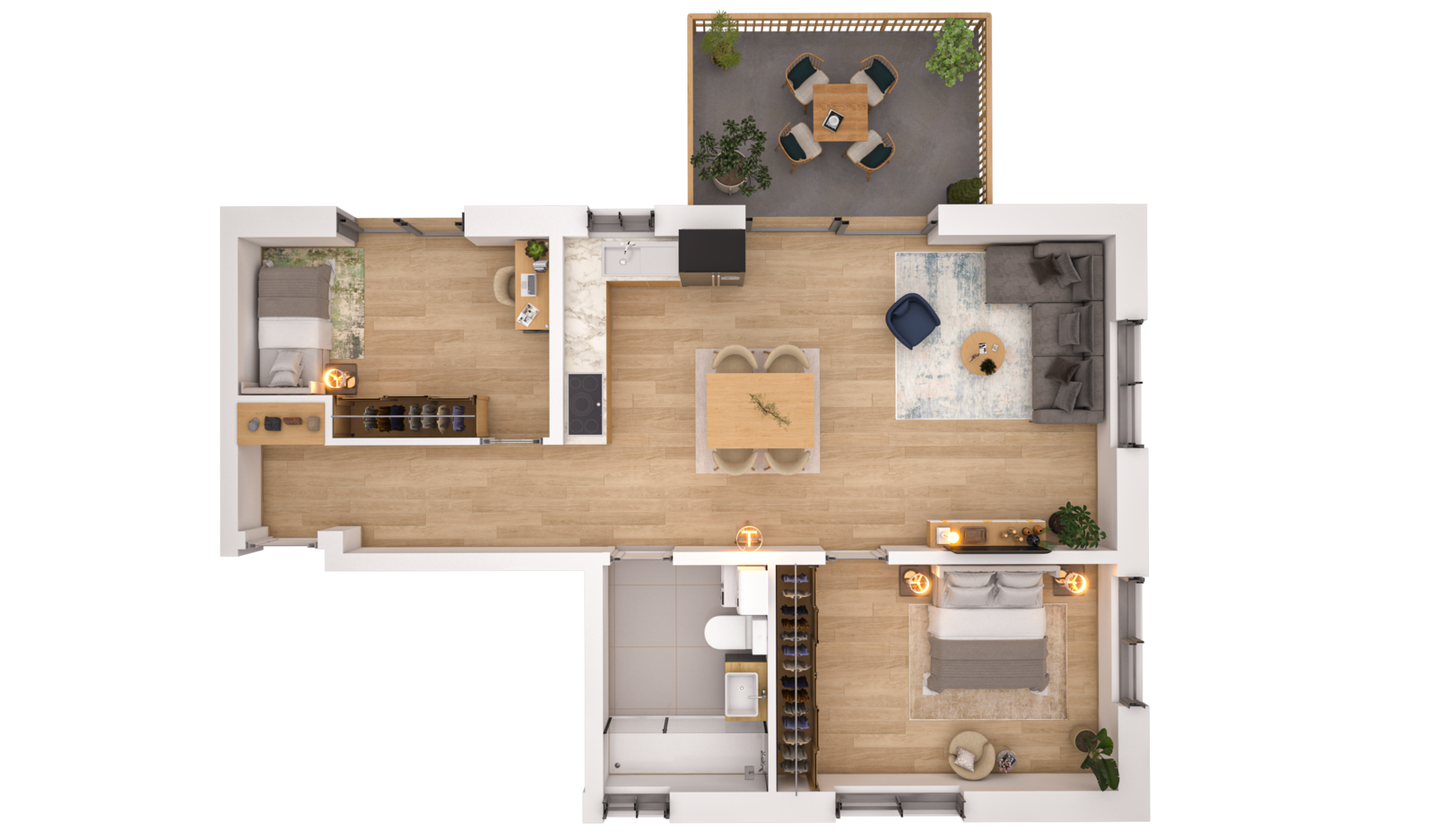 Visualisierung der Wohnung WHG 27 – 2. Obergeschoss aus der Vogelperspektive