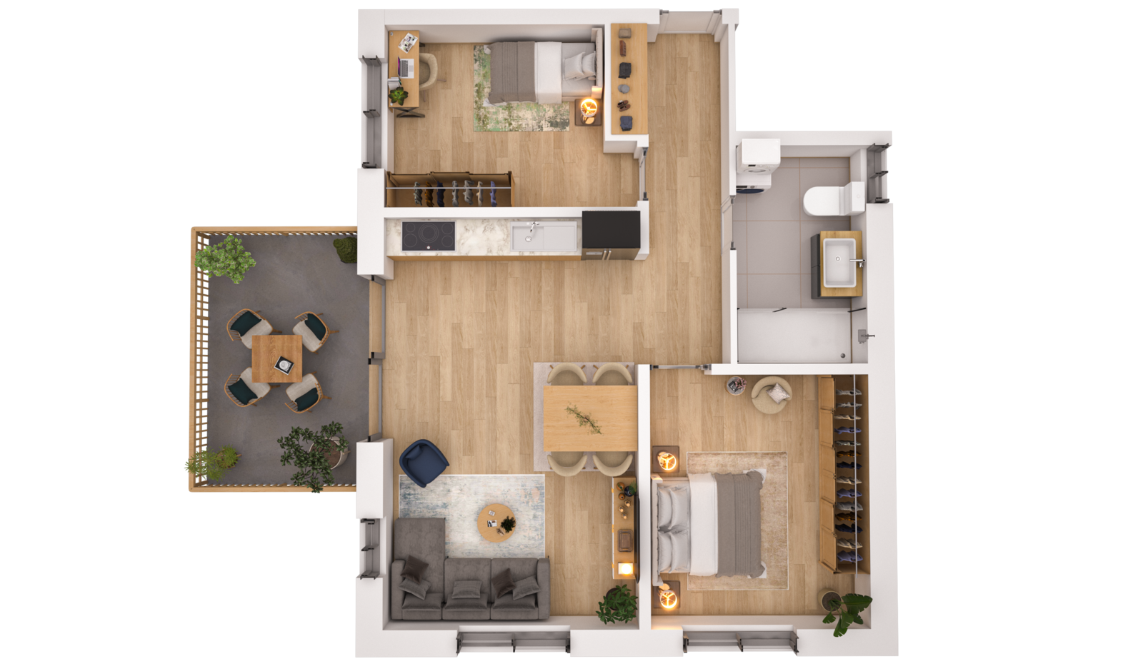 Visualisierung der Wohnung WHG 28 – 2. Obergeschoss aus der Vogelperspektive