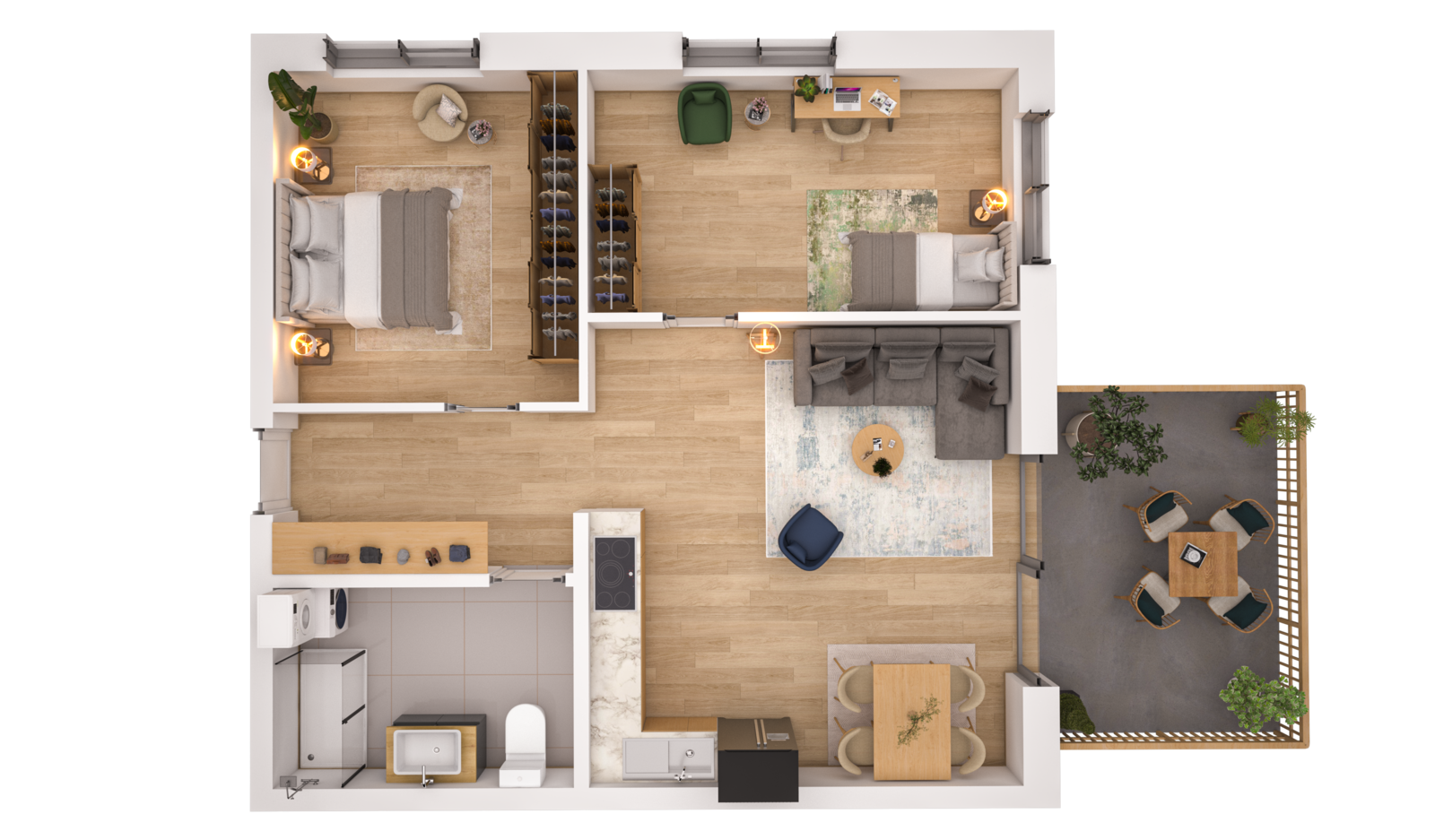 Visualisierung der Wohnung WHG 3 – Erdgeschoss aus der Vogelperspektive