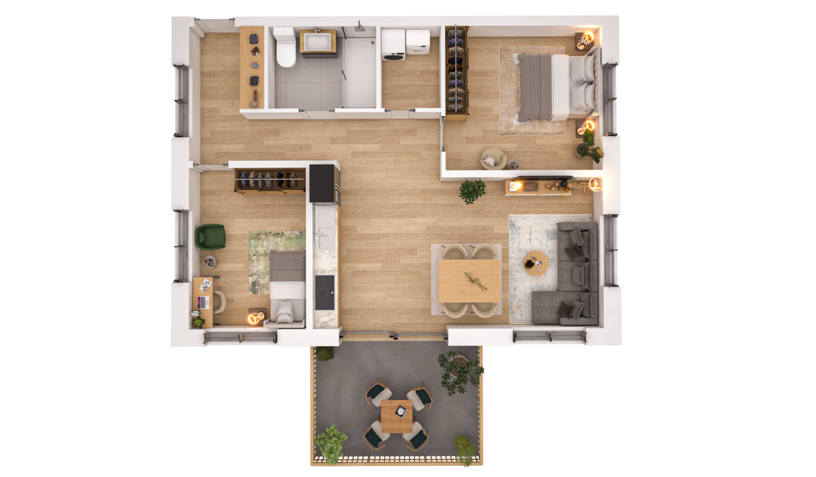 Visualisierung der Wohnung WHG 5 – Erdgeschoss aus der Vogelperspektive