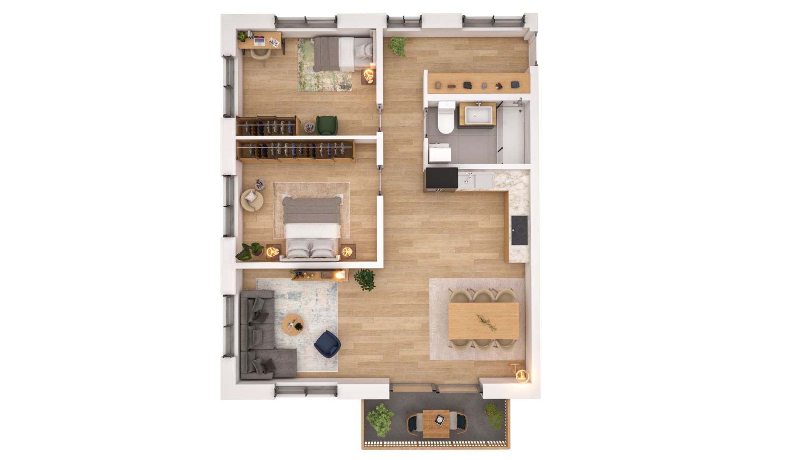 Visualisierung der Wohnung WHG 6 – 1. Obergeschoss aus der Vogelperspektive