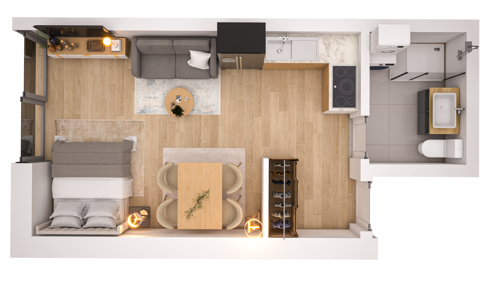 Visualisierung der Wohnung WHG 8 – 1. Obergeschoss aus der Vogelperspektive