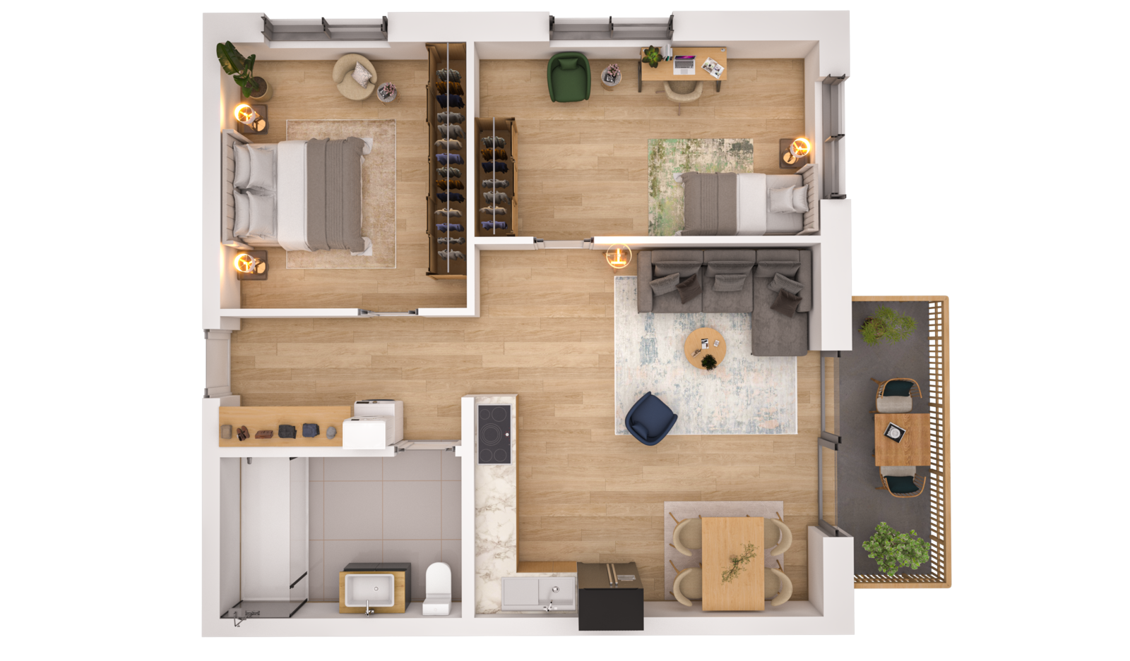 Visualisierung der Wohnung WHG 9 – 1. Obergeschoss aus der Vogelperspektive